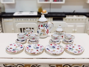 Detailed view of 15-piece floral ceramic tea set for 1:12 scale miniature dollhouse