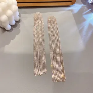 Sparkling crystal tassel drop earrings with long rhinestone fringe for women
