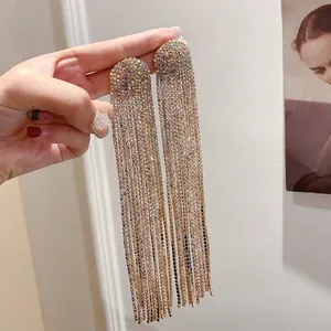 Sparkling silver needle long rhinestone tassel earrings with a tiered linear fringe design
