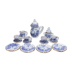 15-piece miniature ceramic tea set with blue floral pattern and gold trim for dollhouses