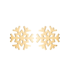 Detailed view of gold snowflake stud earrings with a classic six-petal metallic design