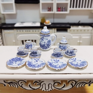 Miniature Tea Pot Cups Plates Ceramic Floral Pattern Gold Trim Dollhouse Kitchen Accessories Kids Pretend Play Toys
