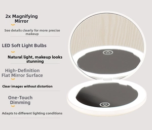 Detail of portable LED makeup mirror showing 2x magnification and soft ring light beads