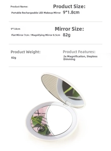 Macro view of compact LED makeup mirror with 2X magnification and dimmable lighting