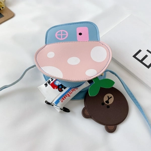 Borsa a tracolla a fungo cartone animato in pelle PU blu e rosa con ciondolo orso