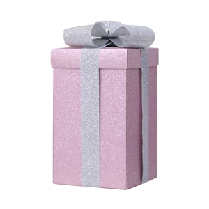 Pink frosted matte gift box with silver glitter ribbon bow for Christmas decor