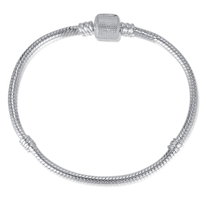 DIY silver snake chain bracelet with sparkling rhinestone square clasp on white background