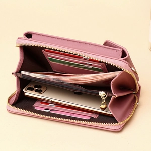 Pink leather vertical crossbody phone bag with multi-card slots and zipper wallet
