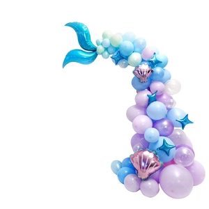 Detail of mermaid tail party balloon set with pastel purple, blue and mint latex balloons