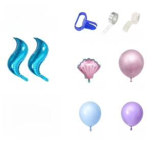 Detailed flat lay of a 49-piece mermaid balloon arch kit for birthday party decorations