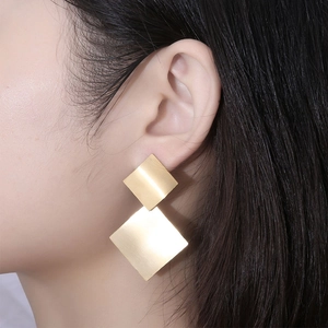 Minimalist double layer geometric square gold dangle earrings with a brushed metal finish