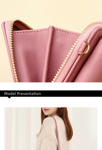 Pink leather phone wallet bag with multi-compartments and gold hardware details