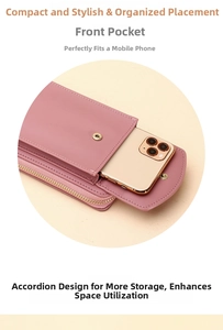 Detailed pink PU leather crossbody phone bag with accordion folds and front pocket detail
