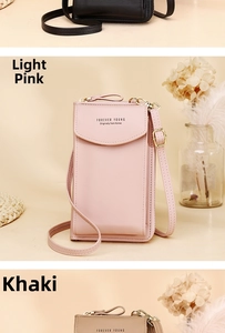 Vertical view of multi-color PU leather phone bags with gold zippers and long straps