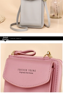 Detailed close-up of textured PU leather phone bags with gold zipper and brand lettering