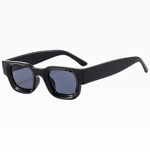 Macro detail of glossy black square frame sunglasses with wide temples in vintage style