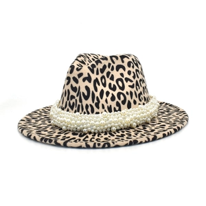 Chapeau fedora en laine léopard pour femme avec bande décorative en perles chic
