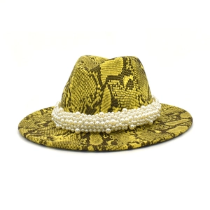 British style fedora hat with yellow python print and white pearl decorative band