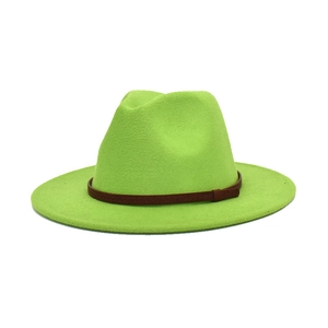 Lime green wool fedora hat with a wide brim and brown embossed decorative band