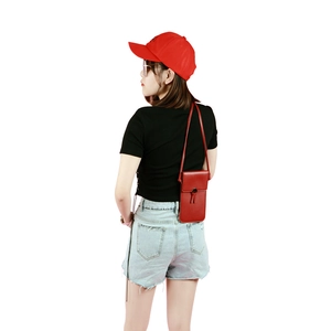 Red PU leather crossbody mobile phone bag with rabbit ear buckle and slim shoulder strap