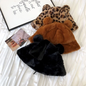 Plush leopard print and solid bucket hats with bear ears for autumn and winter warmth