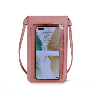 Pink PU leather crossbody phone bag with transparent touch screen window and slim strap