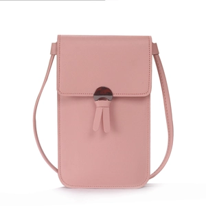 Vertical light pink PU leather crossbody phone bag with rabbit ear buckle and tassel