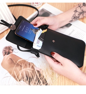 Close-up of black PU leather crossbody phone bag featuring card slots and metal snap closure