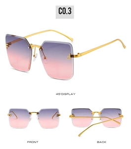Drei-Seiten-Ansicht der randlosen quadratischen Sonnenbrille mit Farbverlauf und F-Detail