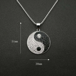 Hip hop Tai Chi Yin Yang pendant necklace in black and white pavé crystals, 51mm height