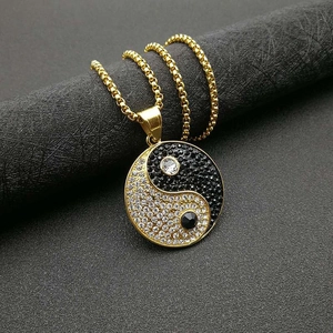 Hip hop Tai Chi Yin Yang pendant necklace with gold chain and black white crystals