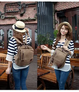 Dettaglio di uno zaino in tela marrone vintage con cinturini in pelle e tasche multiple