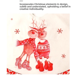 Detailed pattern of cartoon reindeer in red festive outfits on a white Xmas tree skirt