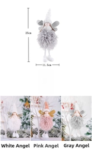 Detail view of plush Christmas angel hanging ornaments in white, pink and grey colors