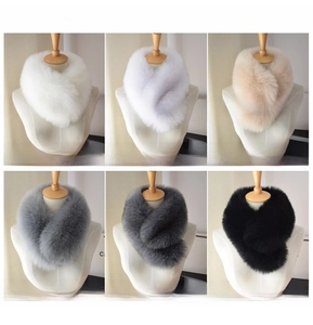 Detailed view of faux fox fur neck warmer in six colors including white, gray, and khaki