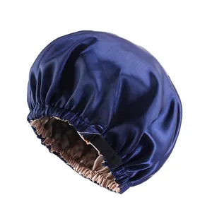 Detail of adjustable strap on double-layer satin sleep bonnet with silk-like finish