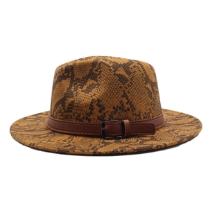 Detail of snake skin print wool fedora hat with brown leather band and metal buckle
