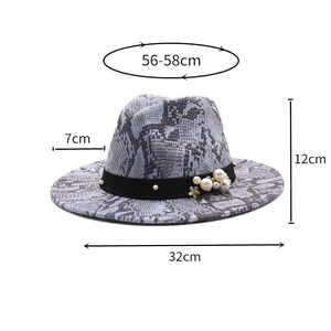 Detail of wool fedora hat with snake skin pattern, pearl trim and size specifications