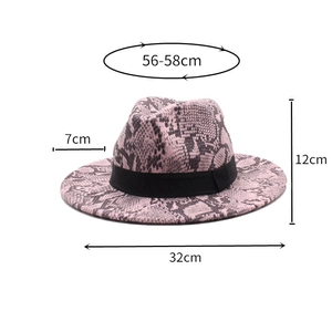 Detailed size specifications for pink snakeskin wool fedora with black ribbon band