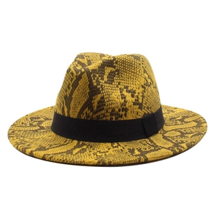British style yellow snakeskin wool felt fedora hat with black band and wide brim