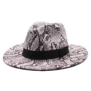 Fashion Snake Print Fedora Hat Wool Felt Wide Brim Jazz Cap With Black Ribbon Band Vintage Style Unisex