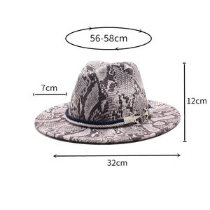 Detailed size chart of snake pattern fedora hat with dimensions and anchor charm detail