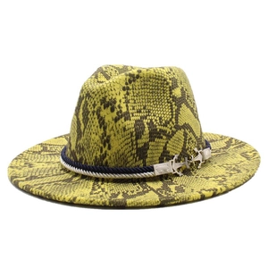 Stylish yellow snake pattern wool fedora hat with nautical anchor buckle and rope trim