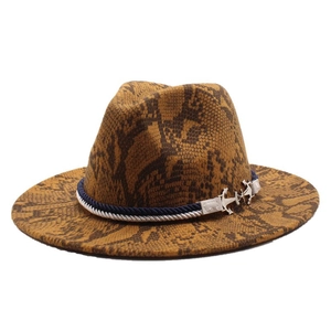 Detail of snake pattern wool fedora with blue rope band and silver anchor pendant