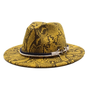 British style fedora hat with yellow snakeskin pattern and nautical rope anchor detail