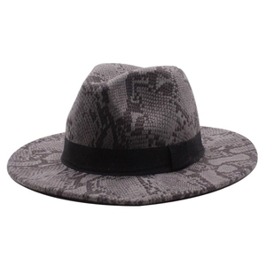 Detailed view of the dark grey snake skin pattern on the wool fedora hat with black band