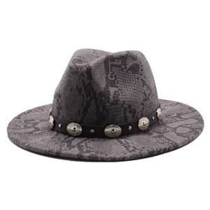 Dark grey snakeskin wool fedora hat with studded black leather band and wide brim