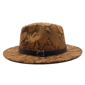 Detail of snake print felt fedora featuring a black leather belt and metal buckle