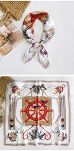 Detail of nautical print square scarf featuring anchors and ship wheels on white silk