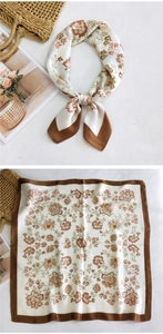 Detailed pattern of floral silk square scarf with vintage flower print and brown border
